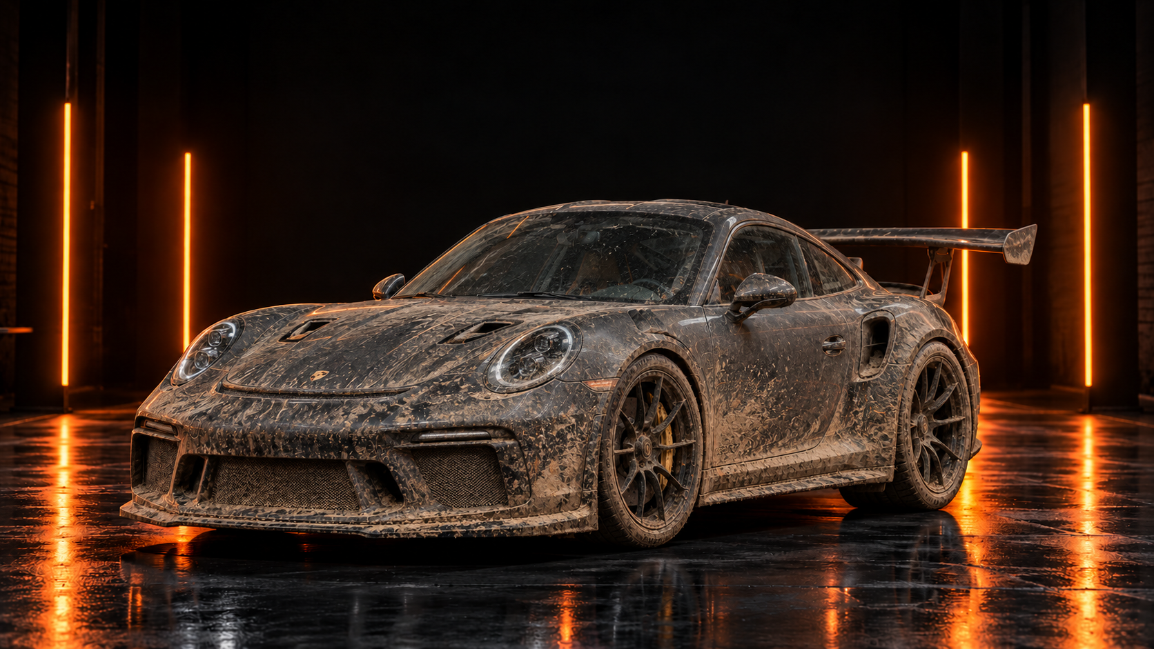 Porsche GT3 RS en un estudio de luces naranjas